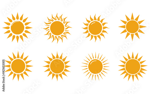 A collection of distinct yellow sun icons, each with a unique style of rays, presented in a grid format on a light yellow background.