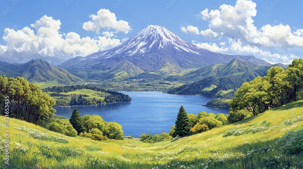 Fototapeta premium Nature photography often captures a tranquil perspective of a serene dormant volcano nestled in a lush valley