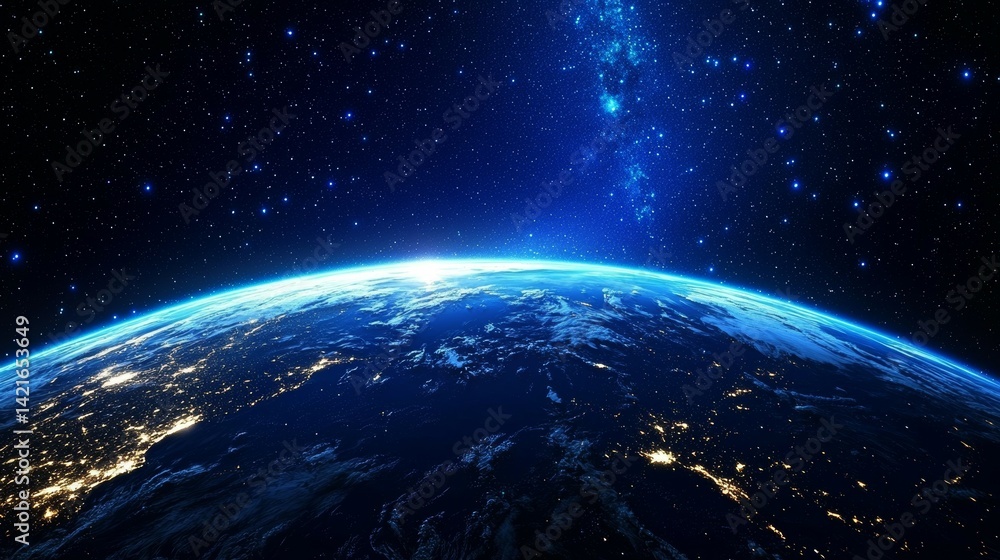 Fototapeta premium Breathtaking View of Earth from Space Showcasing Illuminated Horizon, Vibrant City Lights and a Star-Studded Galaxy in Deep Blue Background Capturing the Universes Incredible Vastness