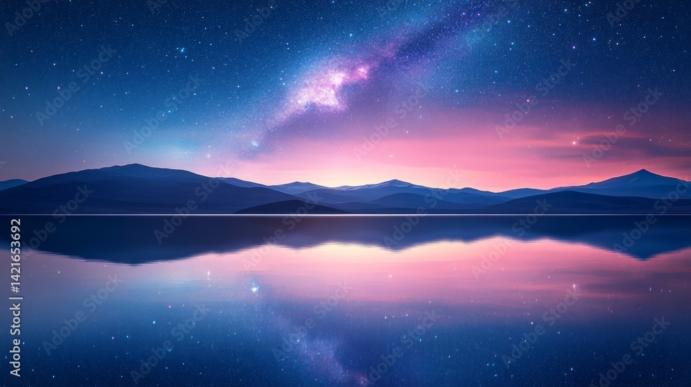 Fototapeta premium The nighttime landscape, set under a vast star-filled sky, is an artistic cosmic exploration