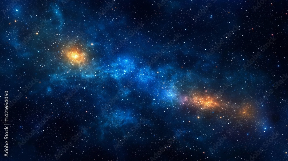 Captivating Cosmic Canvas A Stunning Panoramic Depiction of a Luminous Galaxy with Ethereal Nebulae, Radiant Clusters of Orange and Yellow and a Deep Blue Star-Laden Background Captivating Cosmic Canvas A Stunning Panoramic Depiction of a Luminous Galaxy with Ethereal Nebulae, Radiant Clusters of Orange and Yellow and a Deep Blue Star-Laden Background