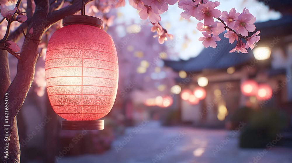 Fototapeta premium Cherry blossom festival with glowing lanterns in a serene setting