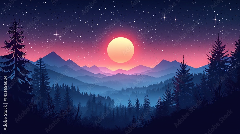 Fototapeta premium Pink sunset over majestic mountains, dark forest, starry night sky, landscape illustration