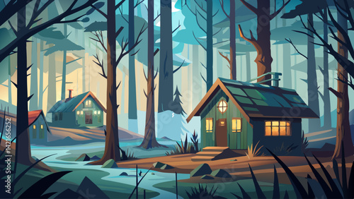 Fog drifts through the windows of abandoned cabins in a forest clearing
