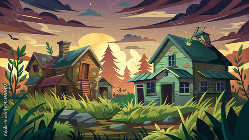 Crumbling houses surrounded by overgrown grass, silent under a moody sky