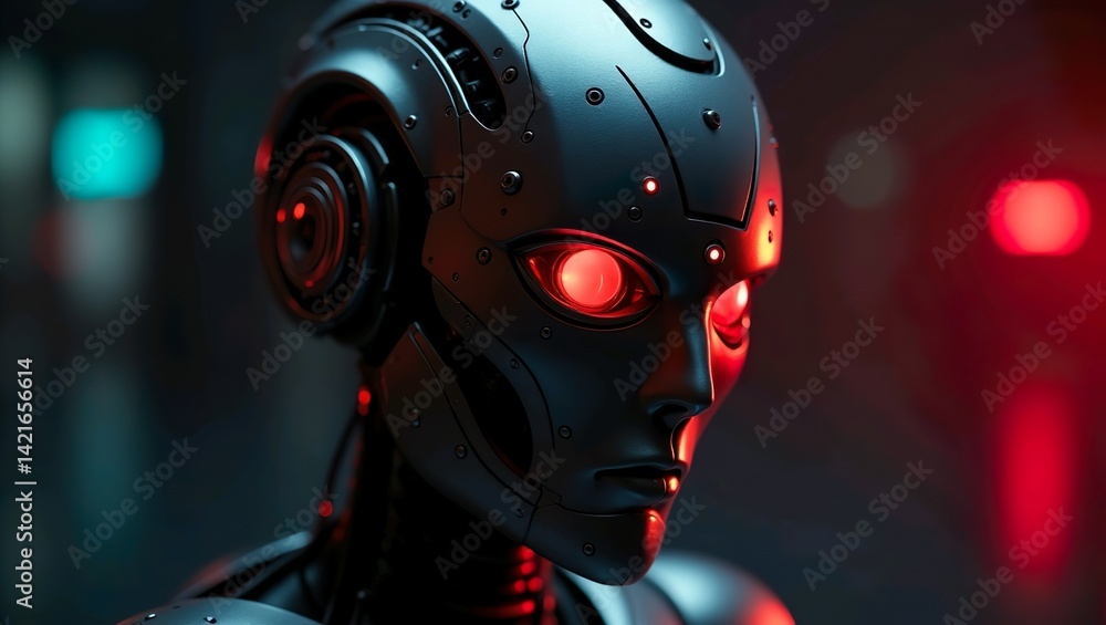 Head robot with glowing red eyes Head robot with glowing red eyes