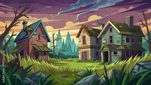 Crumbling houses surrounded by overgrown grass, silent under a moody sky
