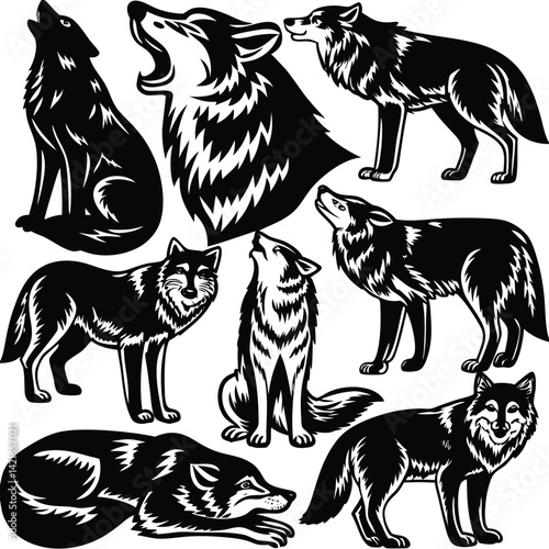 Mystical wolf silhouette designs in nature scenes with spiritual, emotional and tribal elements vector illustration
