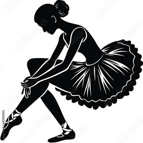 Silhouette of Ballerina in Tutu: Elegant Vector Illustration of a Dancer Tying Pointe Shoes, Ballet Art, Dance Performance Graphic