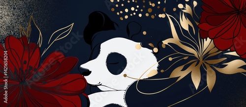 Elegant panda nestled amidst rich floral design