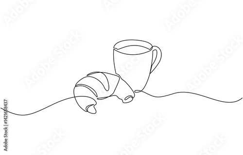 Coffee and Croissant continuous one line drawing, Single line art, Coffee cup and croissant continuous line drawing. Vector illustration isolated on white.