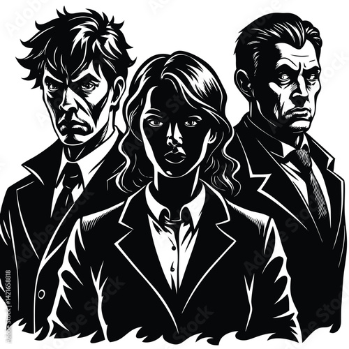 Noir Style Trio: Mysterious Woman & Men in Suits, Black and White Illustration, Crime Drama, Suspenseful Characters