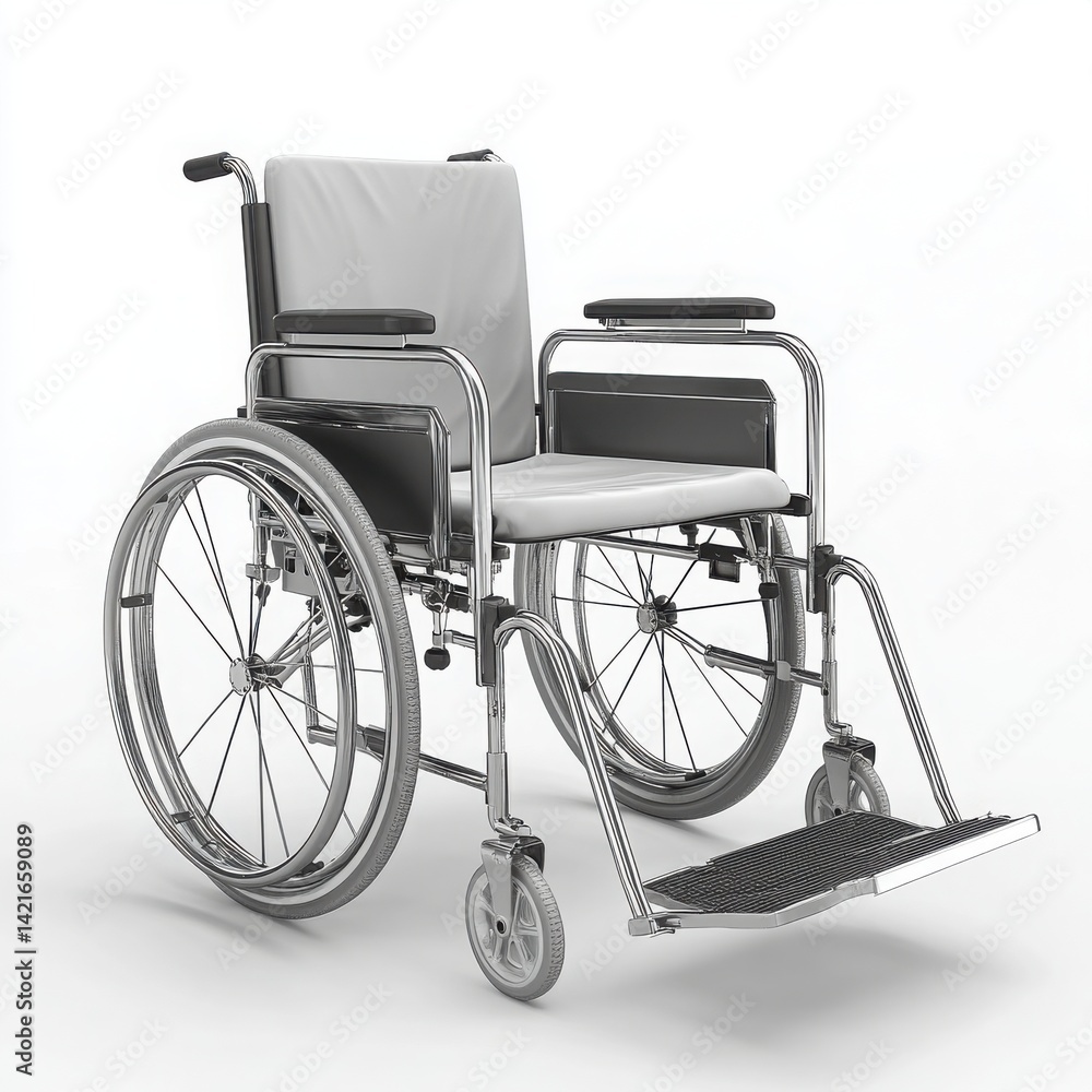 Fototapeta premium A silver wheelchair with white seat and backrest isolated on white background