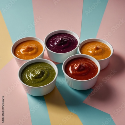 Six colorful sauce packets are neatly arranged on a geometric pastel background, casting bold shadows. The modern composition highlights variety, convenience, and the vibrant appeal of food