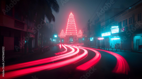 Glowing Temple at Night in Foggy City Street