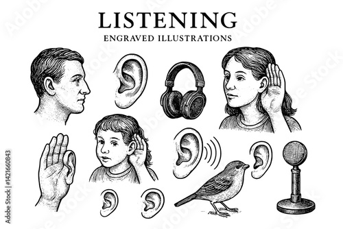 Engraved illustrations showcasing the concept of listening through various perspectives and mediums in a creative artistic style