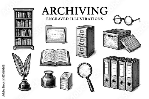 Exploring the art of archiving in vintage engraved illustrations showcasing timeless tools and knowledge