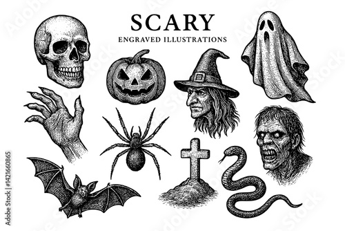 Exploring eerie engravings of Halloween symbols in detailed illustrations that evoke a sense of fright and curiosity