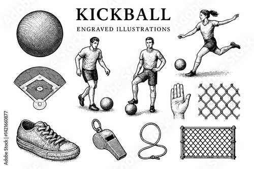 Kickball illustrated activity with players, equipment, and rules in an artistic vintage style