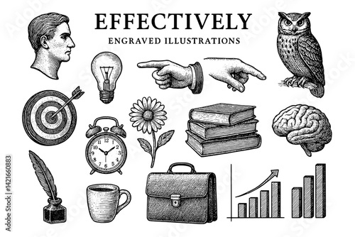 Engaging collection of engraved illustrations depicting creativity, knowledge, and insight through various symbolic objects