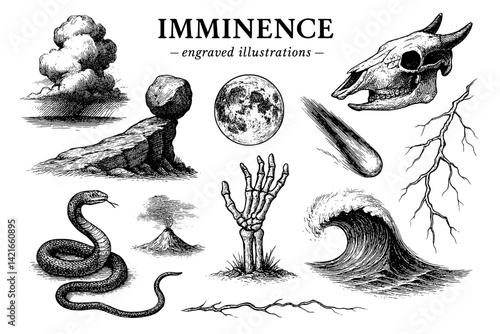 Engravings of nature and fate depict a journey through time, with celestial bodies and earthly elements intertwined in a surreal composition