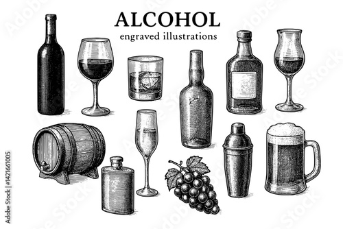 Engraved illustrations of various alcoholic beverages showcasing bottles, glasses, and grapes in an artistic arrangement