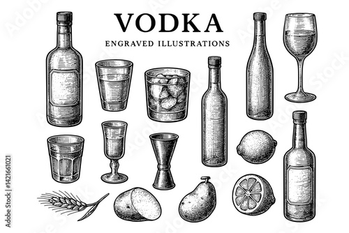 Classic engravings of vodka bottles and drinkware showcasing mixology and craftsmanship in a vintage style
