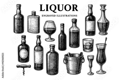 Artistic display of liquor bottles and glassware in vintage engraving style captures the essence of mixology and celebration