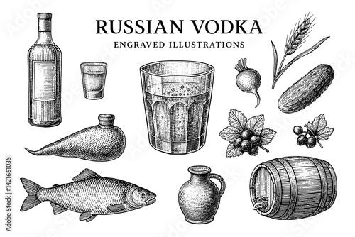Engraved illustrations showcase the rich heritage of Russian vodka and its traditional accompaniments in a vintage style