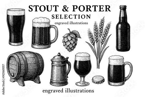 Engraved illustrations showcase diverse stout and porter selections with barrels, glasses, and ingredients visually narrating brewing artistry