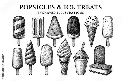 Delightful popsicles and ice treats showcase a whimsical summer indulgence in an artistic engraved style