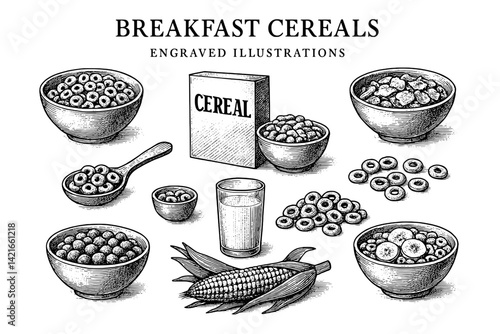 Detailed engravings of breakfast cereals showcasing diverse bowls and ingredients for a wholesome morning meal