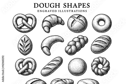 Engraved illustrations showcasing various dough shapes, highlighting the art of baking and traditional bread crafting techniques