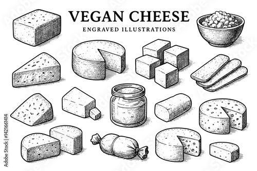 Delightful array of vegan cheese varieties displayed intricately in a vintage-style illustration