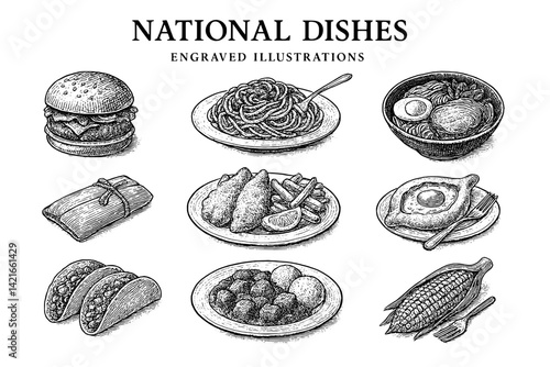 Intricate designs showcase a variety of national dishes from around the world featuring diverse culinary treasures