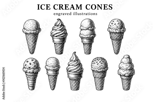 Engraved illustrations of delectable ice cream cones in various flavors and styles displayed in an artistic arrangement