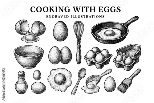 Engraved illustrations bringing eggs to life in a delightful cooking ensemble showcasing various dishes and tools in a serene kitchen setting