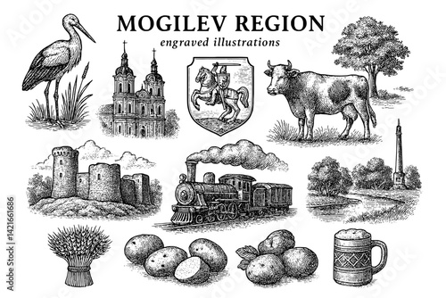 Engraved illustrations showcasing the cultural and historical essence of the Mogilev region in Belarus