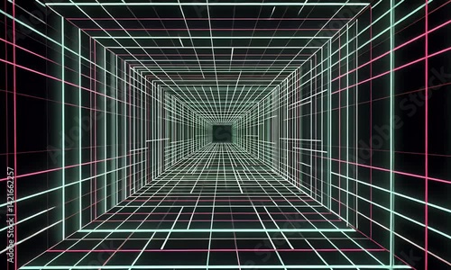 A green grid with neon lines on a black background, a glowing digital tunnel with a futuristic grid and cyber lines in space for virtual reality or gaming. An abstract 3D render of a sci-fi tech wallp