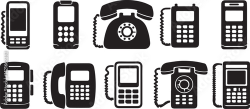 A set of simple, black silhouette icons representing various communication devices, including telephones, rotary phones, keypads, and other office equipment.