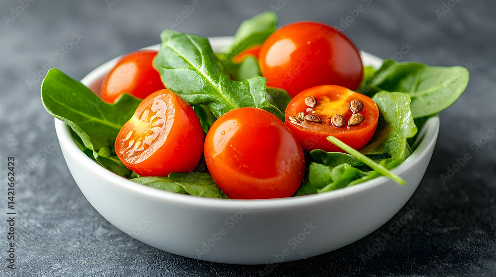 Fresh Arugula Salad with Cherry Tomatoes in White Bowl Fresh Arugula Salad with Cherry Tomatoes in White Bowl