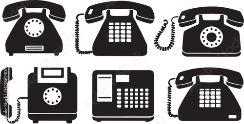 A set of simple, black silhouette icons representing various communication devices, including telephones, rotary phones, keypads, and other office equipment.