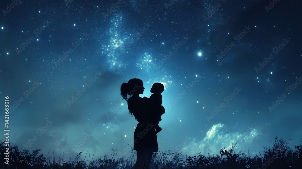 Obraz premium A mother and child under a starry night sky.