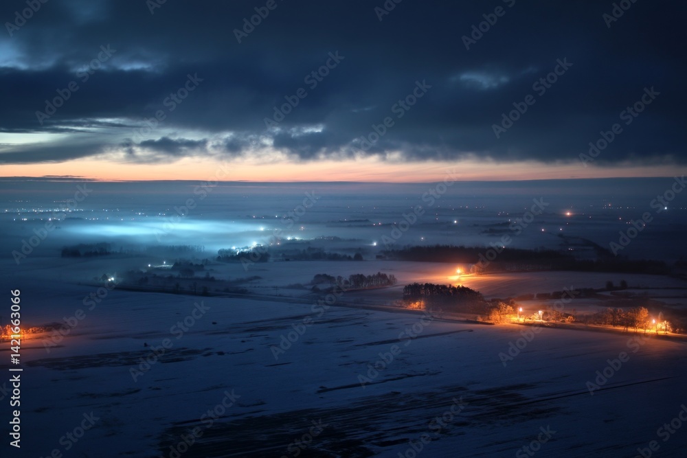 Fototapeta premium Night Landscape: Serene Winter Fields Glowing with Lights Under a Dark, Cloudy Sky