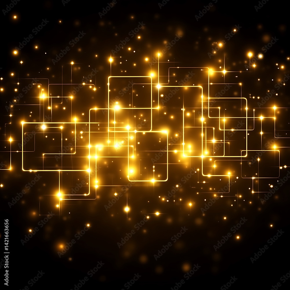 Obraz premium Abstract digital network glowing gold squares on dark background