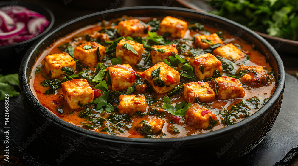 Paneer Butter Masala presented on a black textured surface with elegant side garnishing Paneer Butter Masala presented on a black textured surface with elegant side garnishing