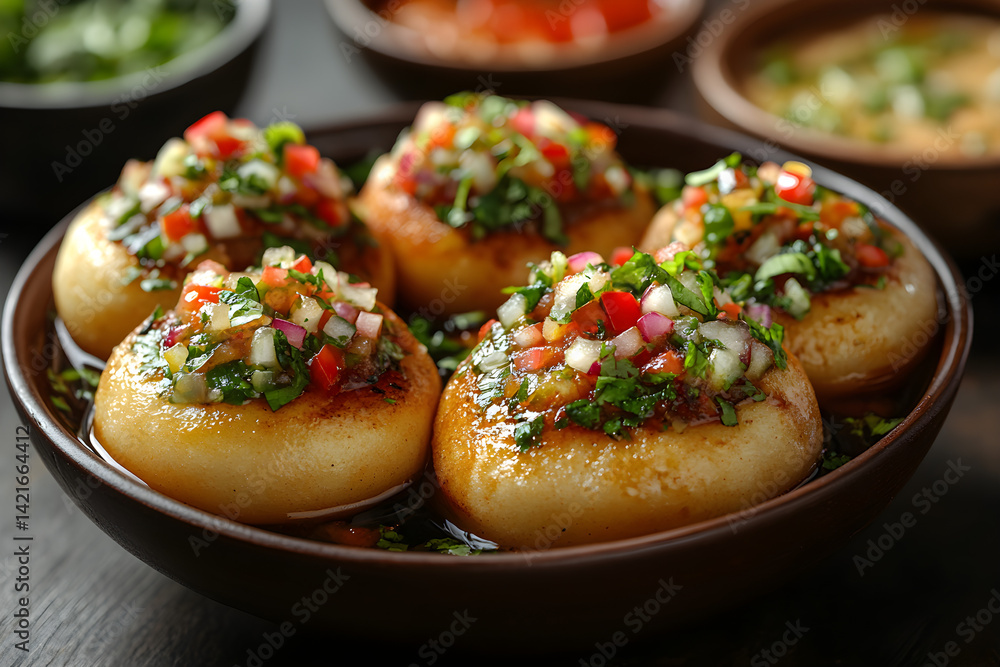Pani Puri styled on dark grey background with clean plating and props Pani Puri styled on dark grey background with clean plating and props