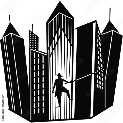 Silhouette of High-Wire Walker in Cityscape: Retro Illustration of Acrobat Balancing Between Skyscrapers, Vintage Style Art