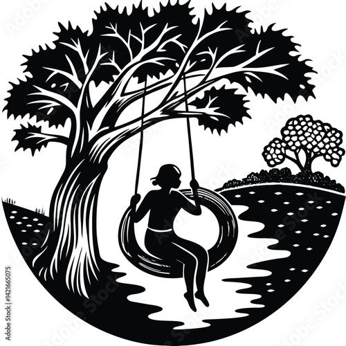 Black and White Woodcut of a Girl on a Tire Swing Under a Tree: Nostalgic Childhood Scene, Nature, and Recreation Illustration