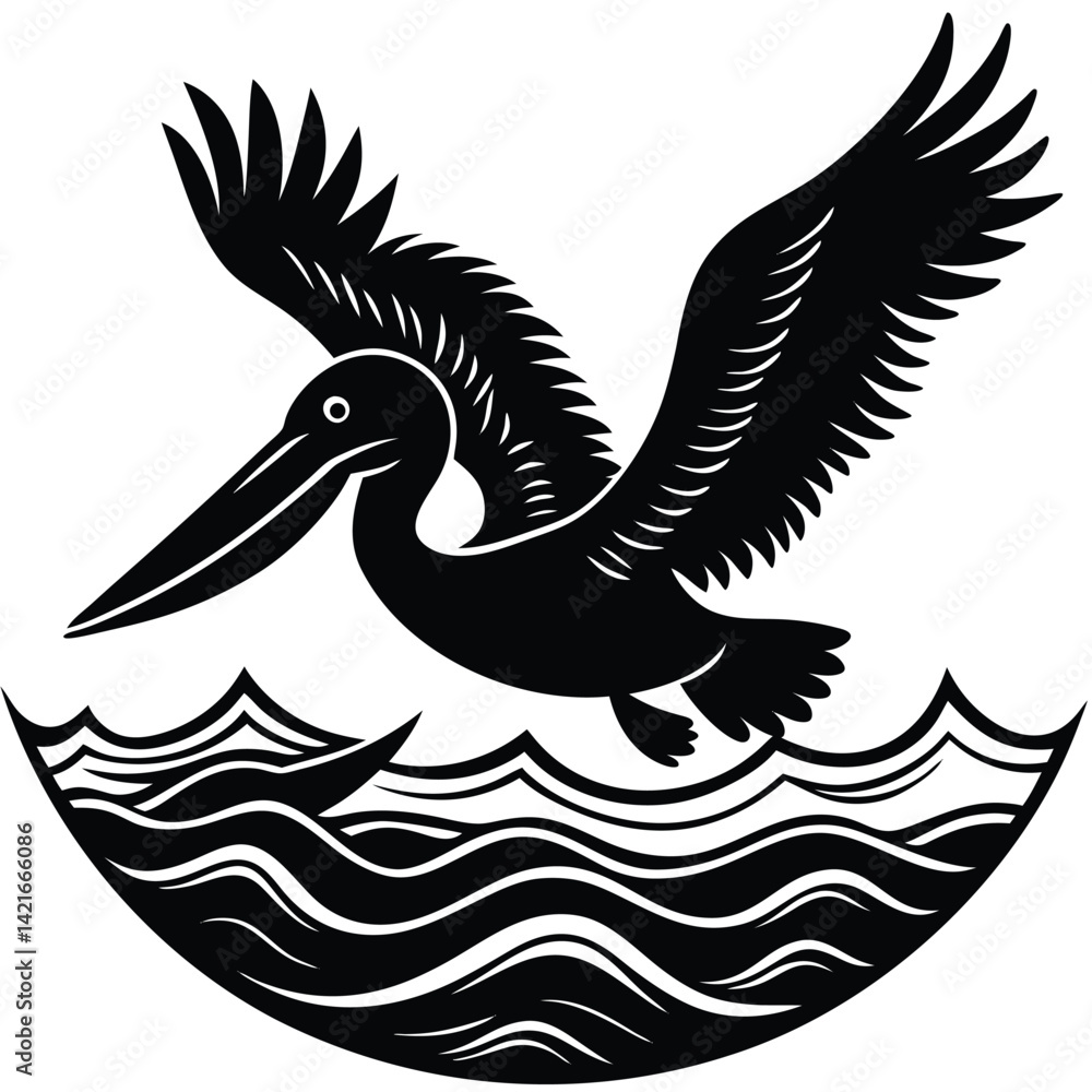 Fototapeta premium Black Silhouette Pelican Flying Over Waves Vector Illustration